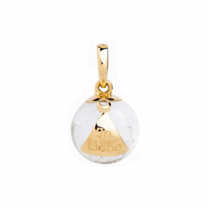 Anhänger aus klarem Bergkristall mit goldenem Dreieck und Diamant, Entstörungskugel der Edelsteinfee®, edler spiritueller Schmuck für Balance und Bewusstsein.