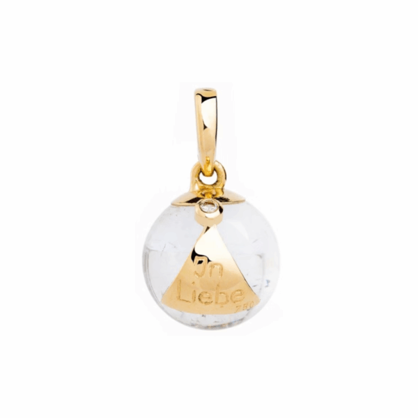 Anhänger aus klarem Bergkristall mit goldenem Dreieck und Diamant, Entstörungskugel der Edelsteinfee®, edler spiritueller Schmuck für Balance und Bewusstsein.