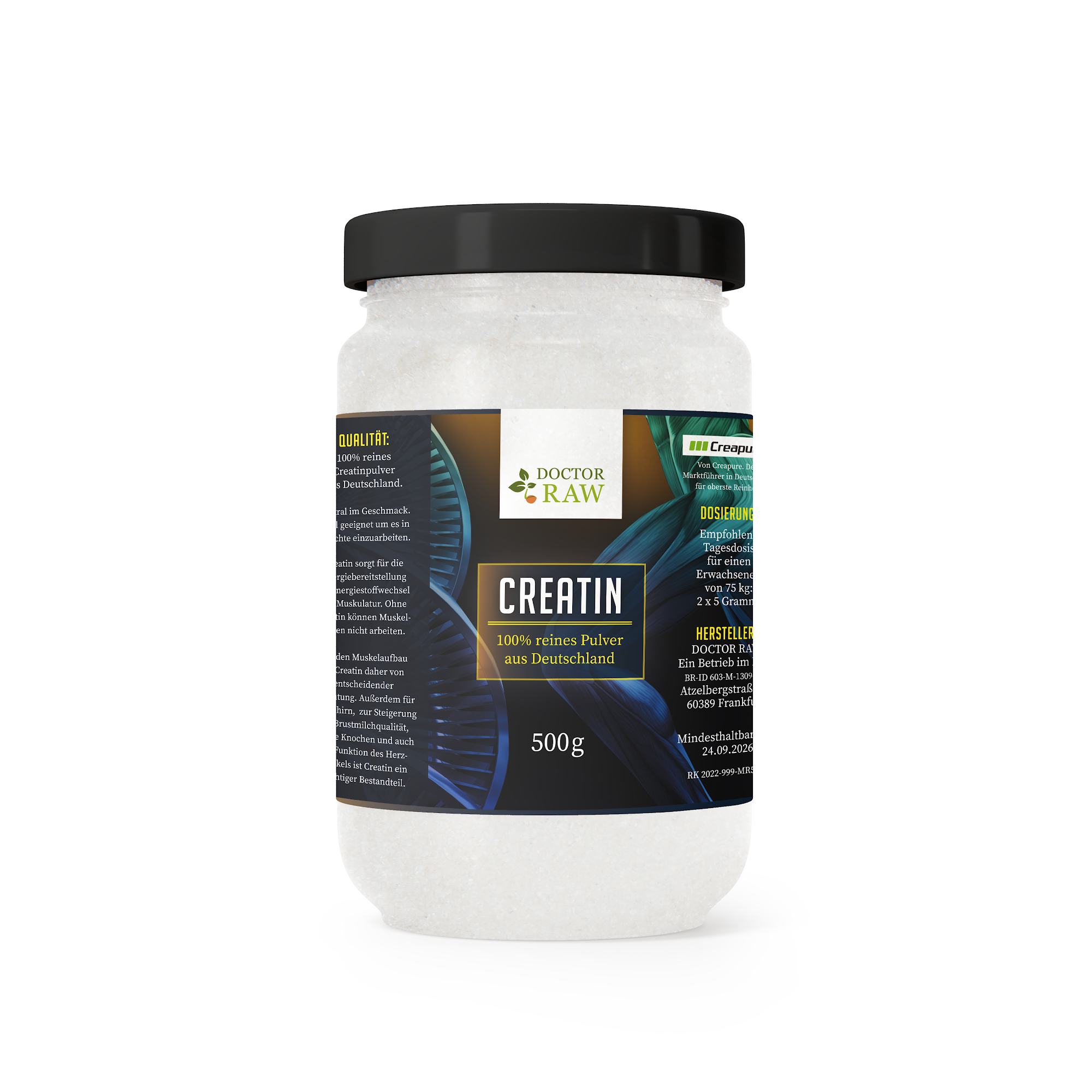 Doctor Raw Creatin – 100 % reines Kreatin-Monohydrat, 500 g Dose
